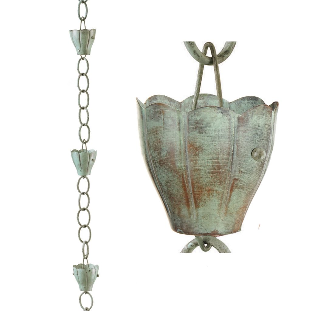 Verdigris copper rain chain